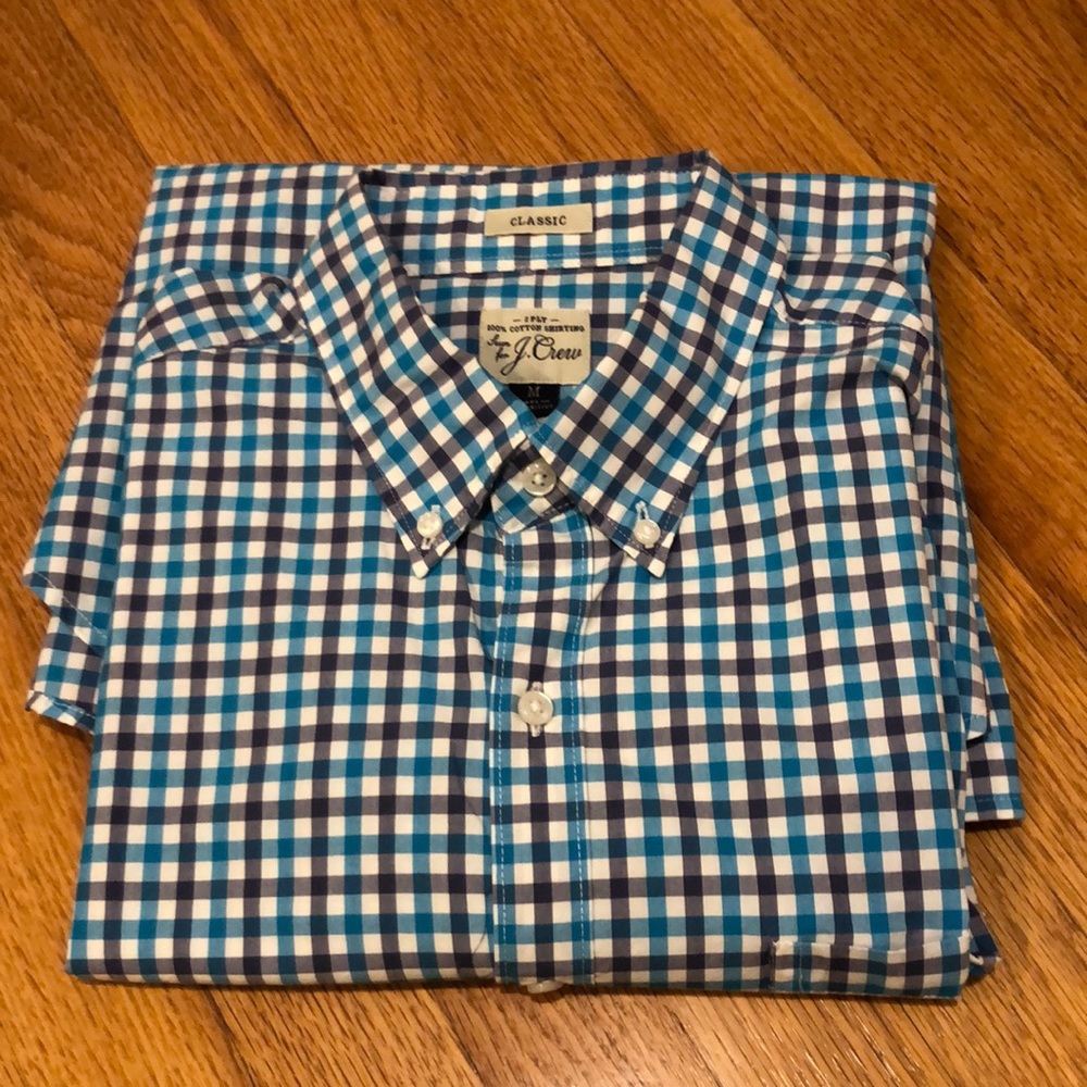 J Crew Shirt Mens Midium Blue Check Plaid 2 Ply Gingham Long Sleeve Button Down